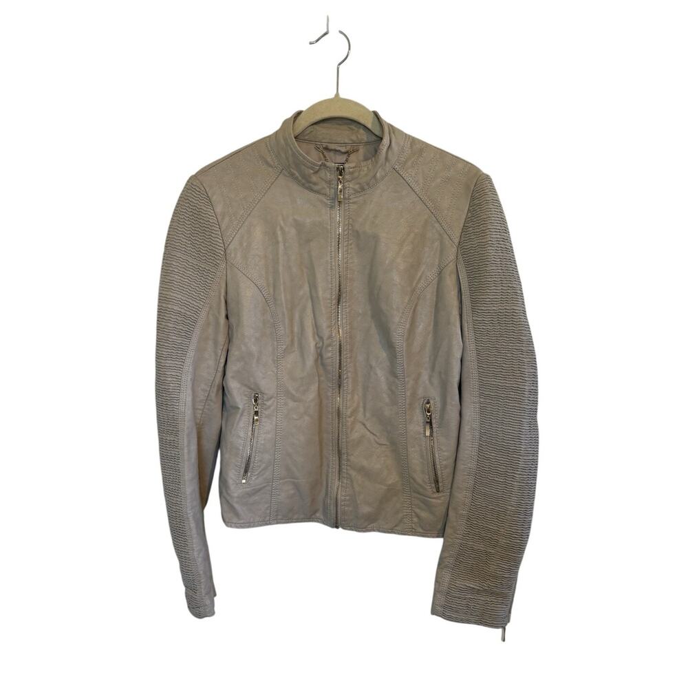 LA Coalition Beige Moto Jacket Faux Vegan Leather Medium Zipper Pockets Grunge